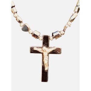 Unisex Silver Tone Hematite Crucifix Cross Necklace Christian